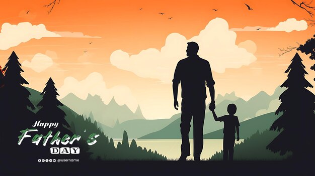 PSD um homem e uma criança estão de pé na frente de uma montanha com montanhas ao fundo
