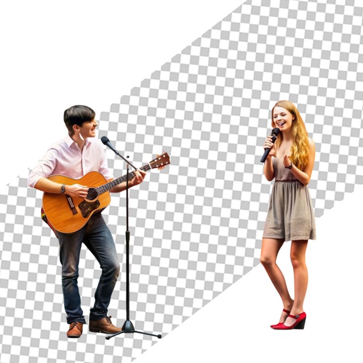 PSD um homem e uma mulher cantando na frente de um microfone