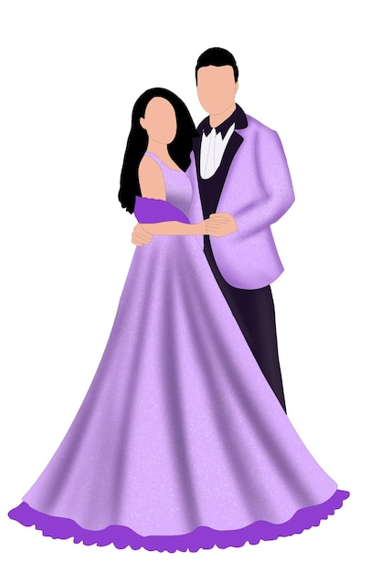 um homem e uma mulher em um vestido roxo com uma mulher em uma gravata