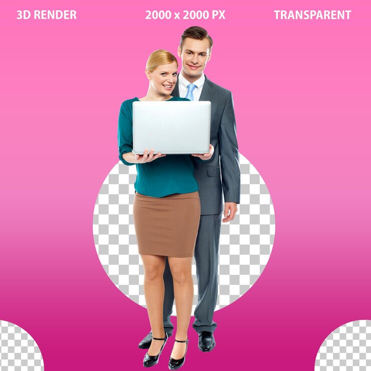 PSD um homem e uma mulher estão de pé na frente de um laptop