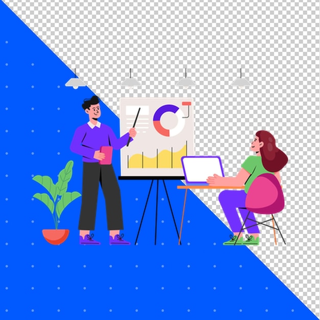 um homem e uma mulher estão olhando para um desenho com uma imagem de um homem e de uma mulher