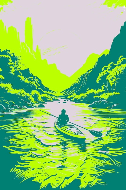 Um homem em um kayak está remando em um rio com um fundo verde
