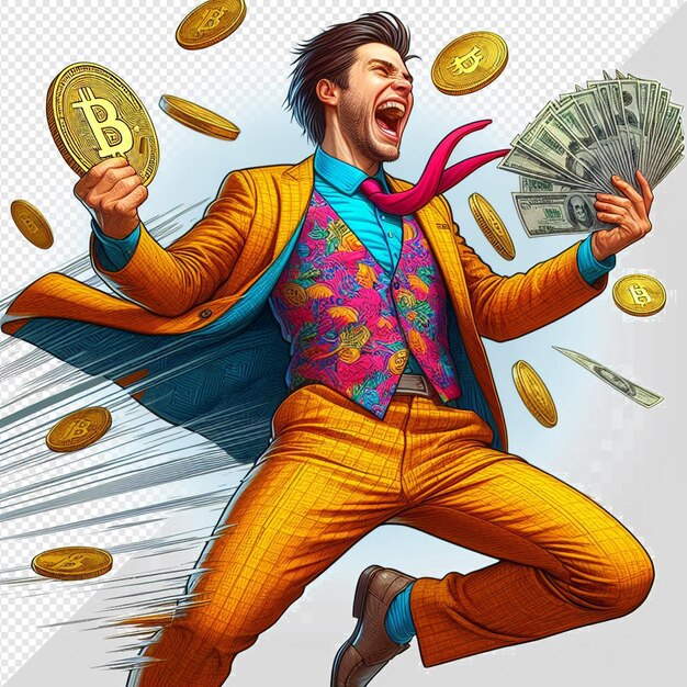 PSD um homem em um terno colorido está celebrando o dinheiro e bitcoins em fundo transparente