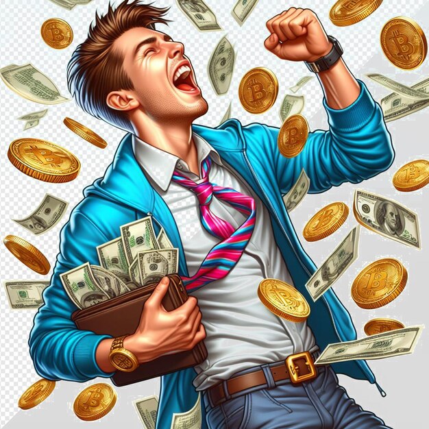 PSD um homem em uma roupa casual colorida está celebrando o dinheiro e bitcoins em fundo transparente