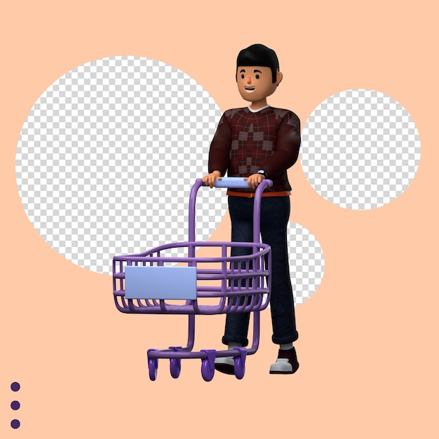 Um homem empurrando um carrinho de compras com um carrinho roxo.