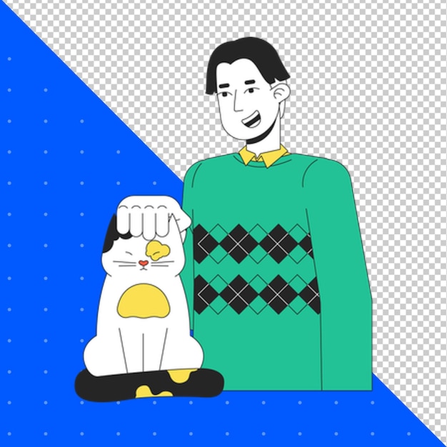 um homem está de pé ao lado de um cão e um gato