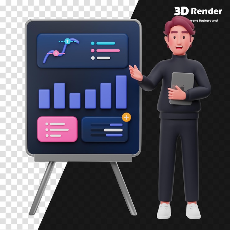 PSD um homem está de pé na frente de uma tela com um modelo 3d de objetos impressos 3d