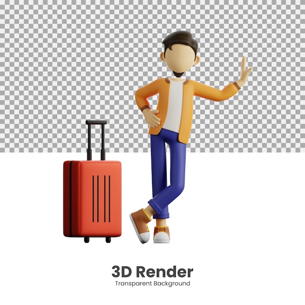 Um homem está de pé perto de sua mala 3d ilustração