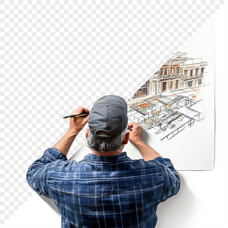 PSD um homem está desenhando uma imagem de um edifício com um desenho de uma cidade