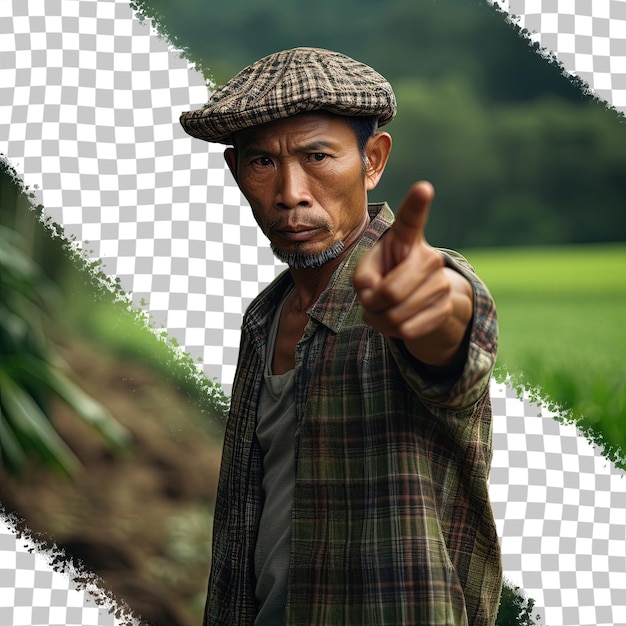 Um homem está em frente a uma foto de um campo de arroz.