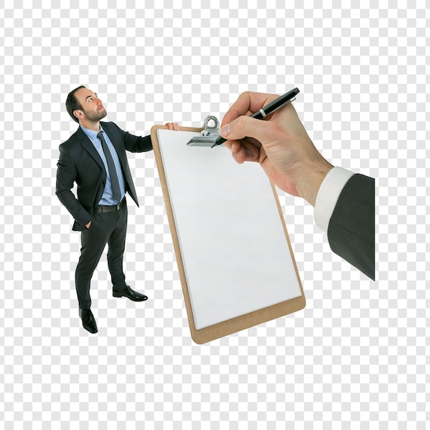 um homem está escrevendo em um pedaço de papel com uma caneta na mão