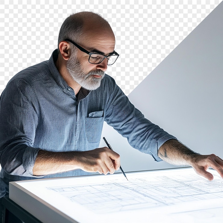 PSD um homem está olhando para um desenho com uma caneta nele