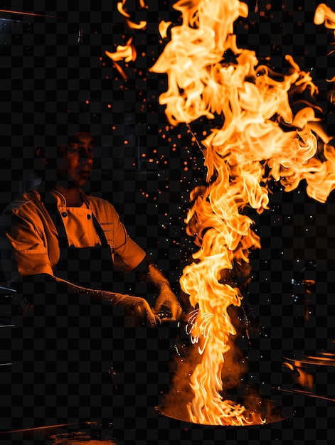 PSD um homem está sentado em frente a um fogo que está queimando