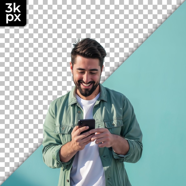 PSD um homem está sorrindo e olhando para um telefone que diz x2