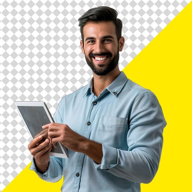 PSD um homem está sorrindo e segurando um tablet com um fundo amarelo