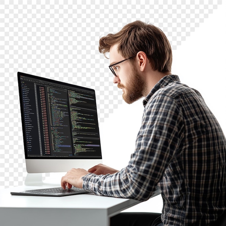 PSD um homem está trabalhando em um computador com a tela aberta