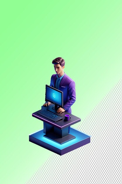 Um homem está trabalhando em um computador com uma tela azul que diz a palavra sobre ele