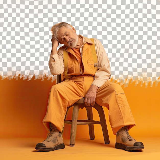Um homem idoso deprimido com cabelo curto da etnia urálica vestido com trajes de construtor posa em uma cadeira inclinada contra um fundo de damasco pastel