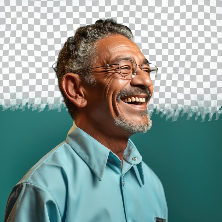 PSD um homem idoso exaltado com cabelo curto da etnia hispânica vestido com trajes de fechador posa em um estilo de silhueta de perfil contra um fundo de teal pastel