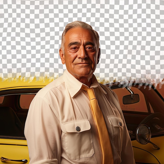 PSD um homem idoso nostálgico com cabelo curto da etnia do oriente médio vestido com roupa de motorista de táxi posa em um estilo de olhar suave com cabeça inclinada contra um fundo de limão pastel