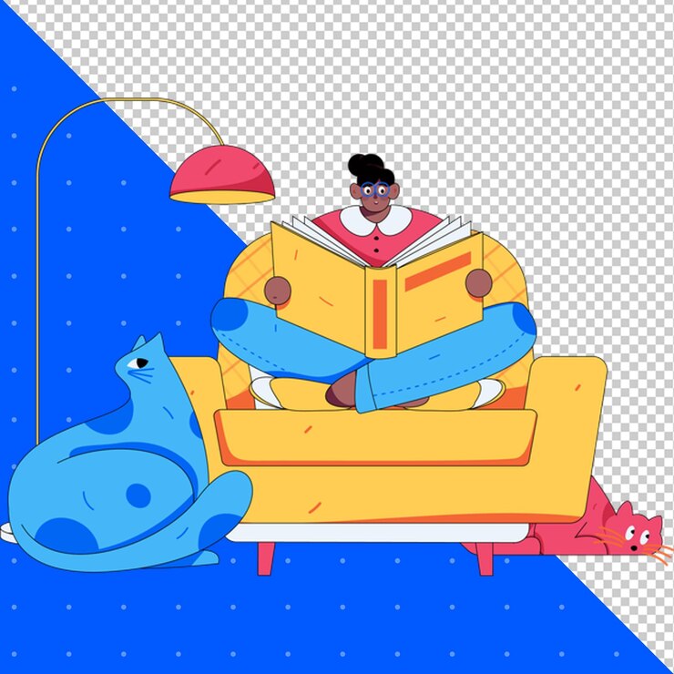 PSD um homem lendo um livro com um urso azul no sofá