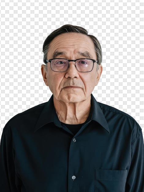 PSD um homem mais velho usando óculos e uma camisa preta com uma foto de um homem mais antigo usando óculos