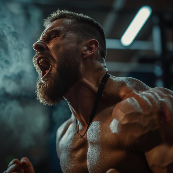 PSD um homem musculoso com barba gritando cartaz de fitness papel de parede de ginásio