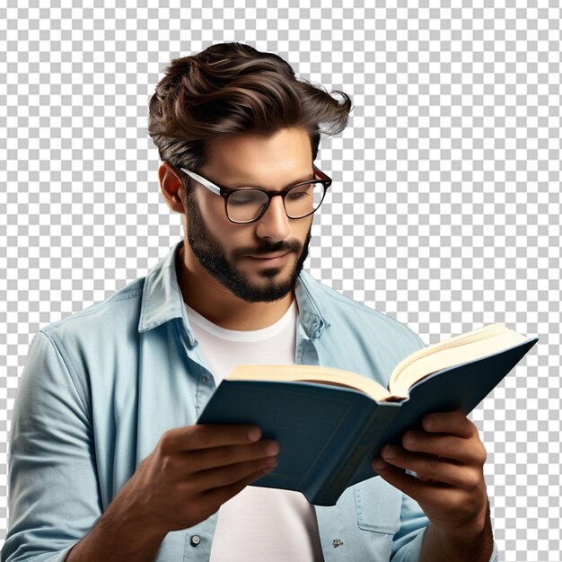 Um homem que leva óculos e lê um livro com fundo png