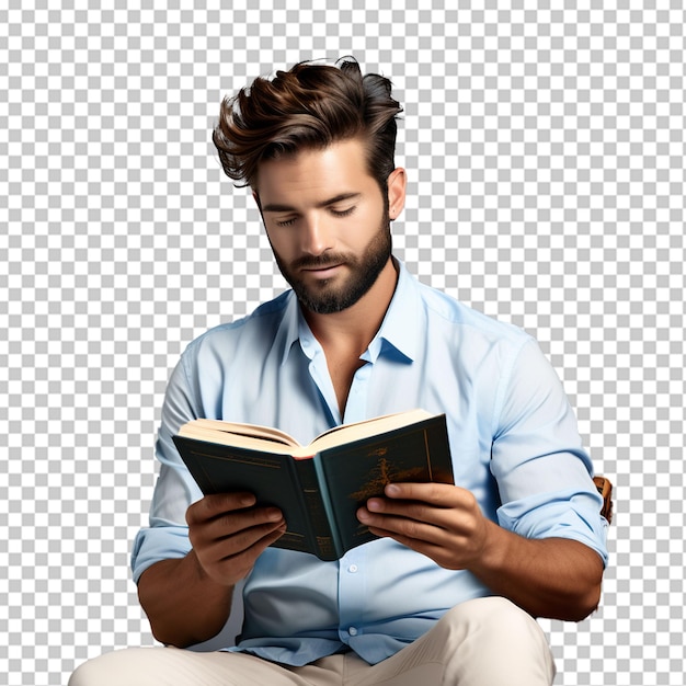 Um homem que leva óculos e lê um livro com fundo png