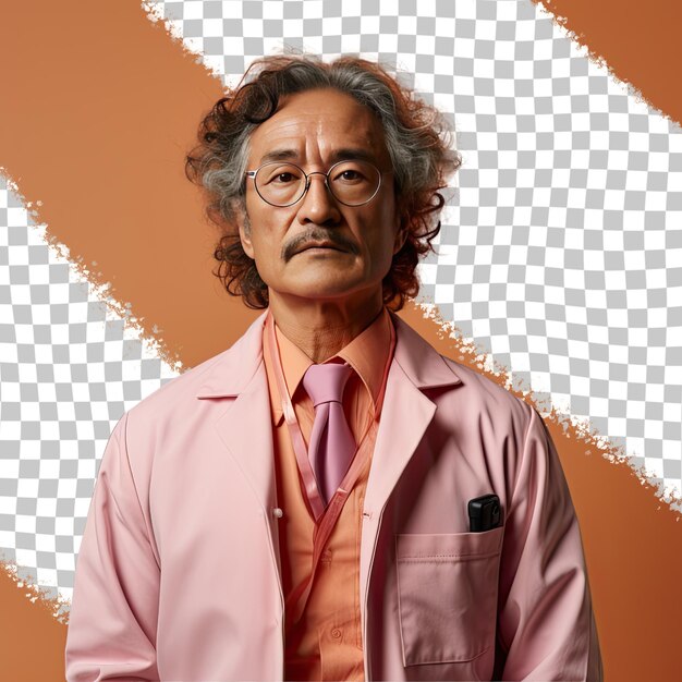 Um homem rebelde de meia-idade com cabelo encaracolado da etnia asiática vestido com roupa de cirurgião ortopédico posa em um estilo de olhar direto intenso contra um fundo de damasco pastel