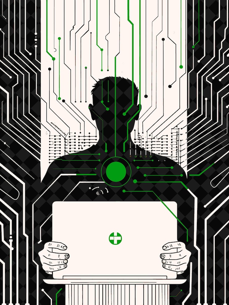 PSD um homem segurando um tablet com um círculo verde nele