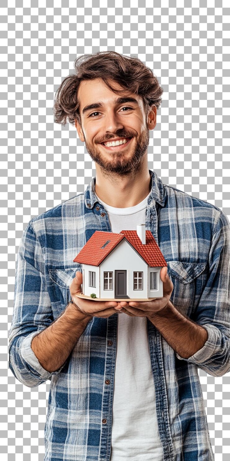 PSD um homem segurando uma casa com uma casa na frente