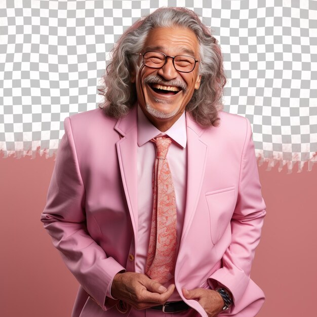 PSD um homem sênior defensivo com cabelo ondulado da etnia nativa americana vestido com trajes de especialista em recursos humanos posa em um estilo de riso brincalhão contra um fundo de coral pastel