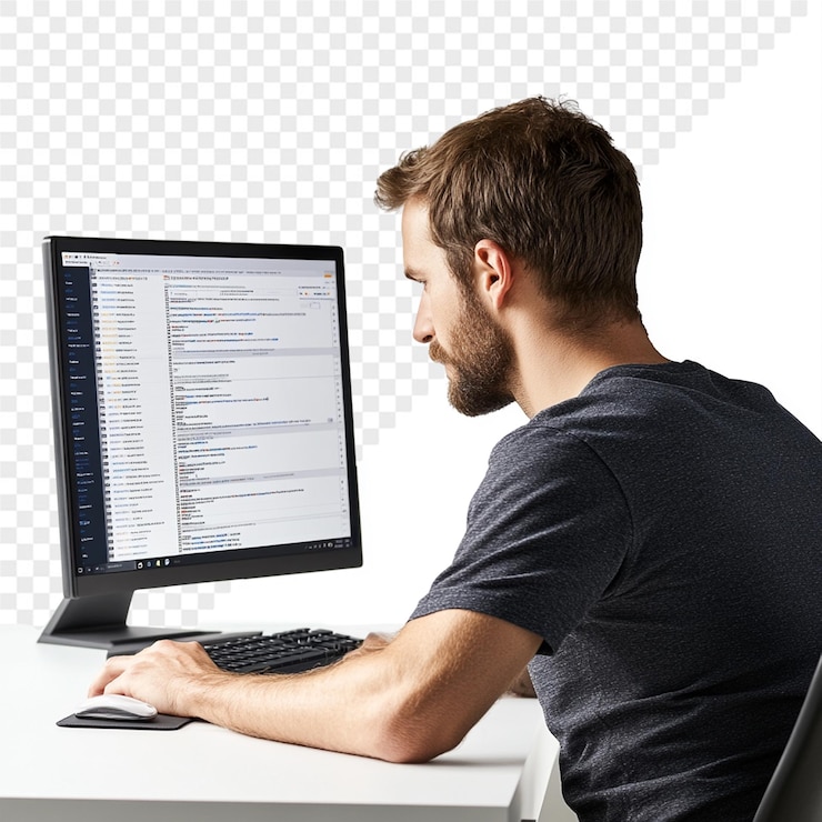 PSD um homem senta-se em um computador com a palavra citação de pesquisa na tela
