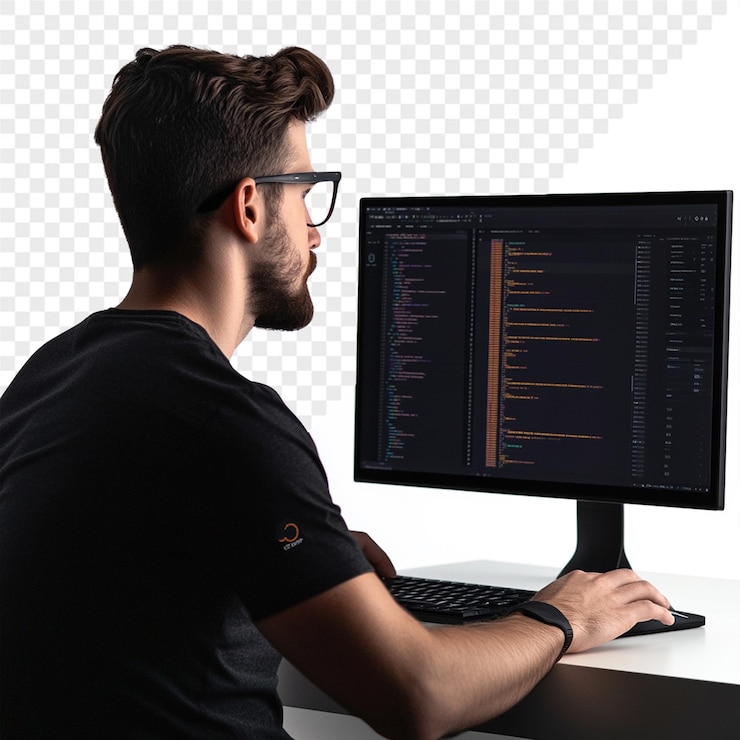 PSD um homem senta-se em um computador com as palavras "código de citação" na tela