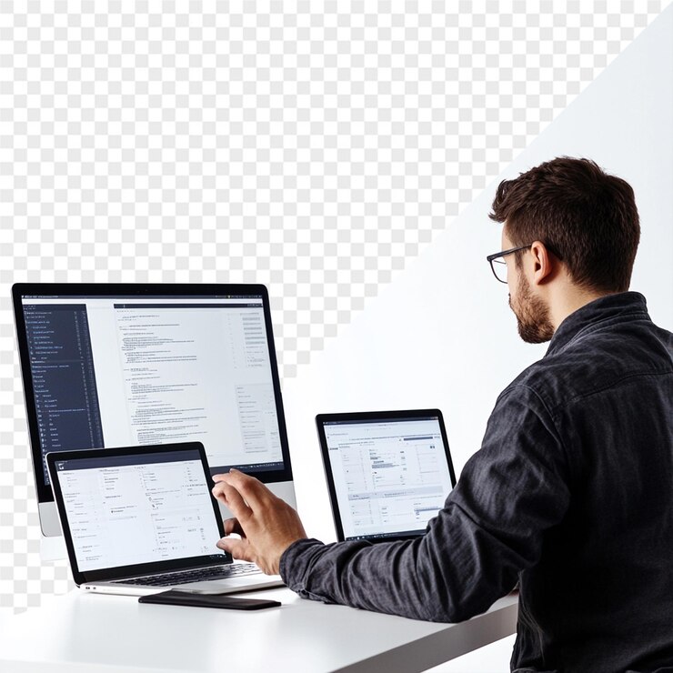 PSD um homem senta-se em uma mesa com dois laptops nele