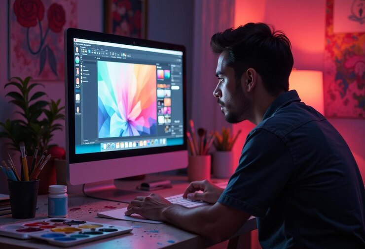 PSD um homem senta-se em uma mesa com um computador e uma tela colorida