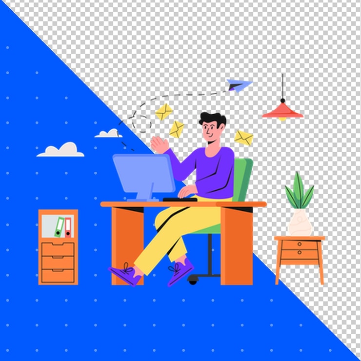 PSD um homem senta-se em uma mesa com um laptop e um fundo azul com uma foto de um homem trabalhando nele