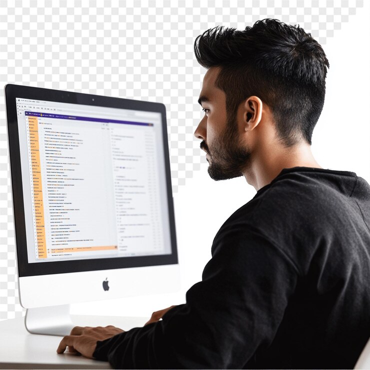 PSD um homem senta-se na frente de um computador com a palavra "mac" na tela