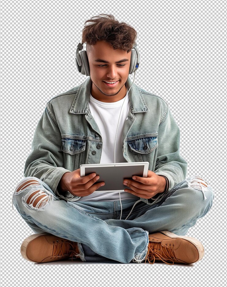 PSD um homem sentado em uma cadeira com fones de ouvido e um tablet que diz que ele está usando