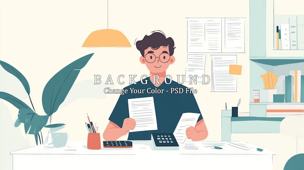 Um homem sentado em uma mesa com papéis e uma calculadora sorrindo