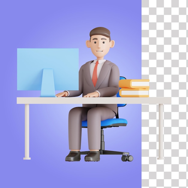 Um homem sentado em uma mesa com um computador e uma cadeira azul.