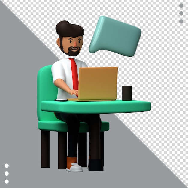 Um homem sentado em uma mesa com um laptop e um balão de diálogo que diz "a palavra" nele. "