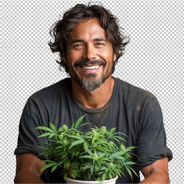 PSD um homem sorri enquanto segura um pote de plantas verdes