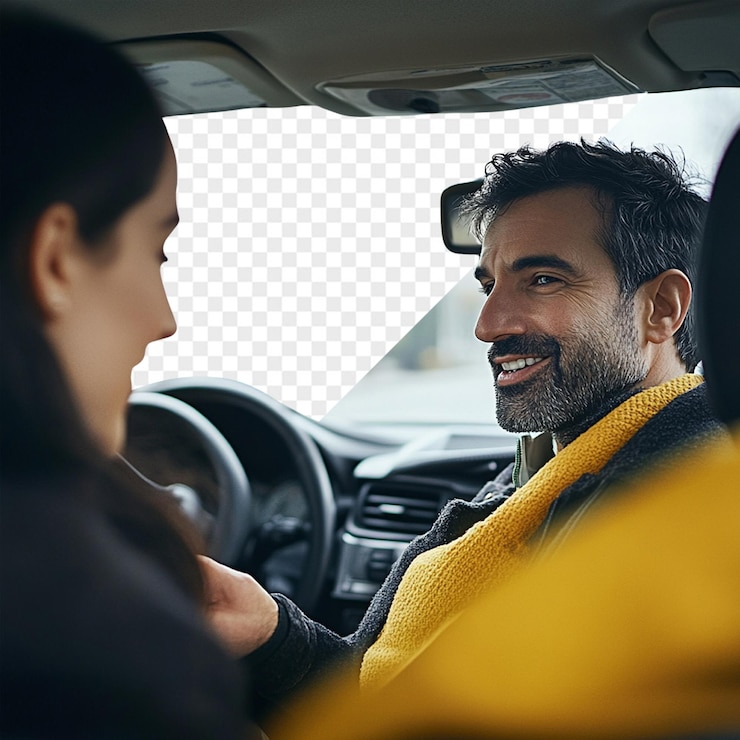 PSD um homem sorri num carro com uma mulher no banco de trás.