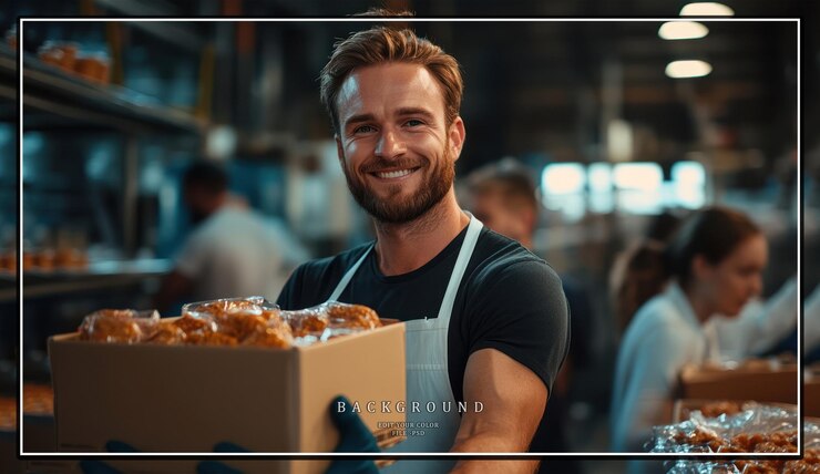 PSD um homem sorridente com um avental branco segura uma caixa de comida em um banco de alimentos ou cozinha