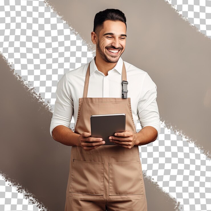 PSD um homem sorrindo e segurando um tablet com uma foto de um homem.