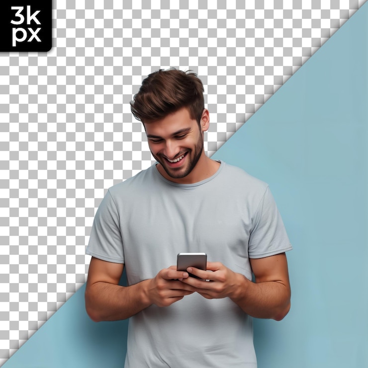 PSD um homem sorrindo e segurando um telefone com as letras lg nele