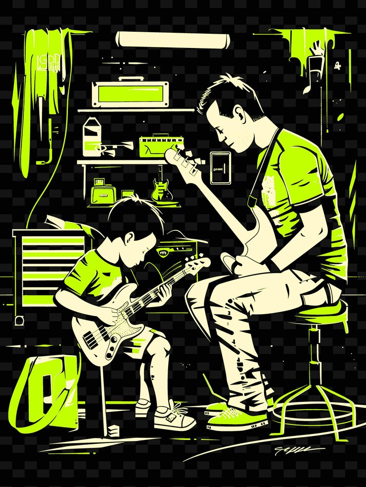 PSD um homem toca guitarra com um menino tocando guitarra