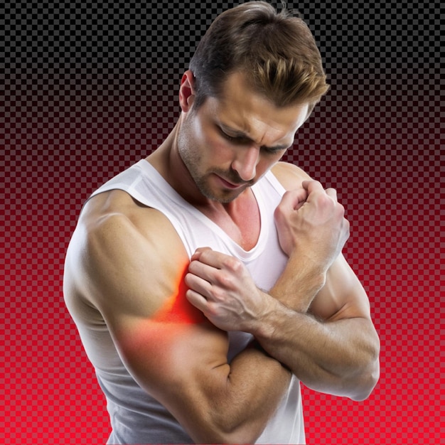 Um homem tocando sua dor no braço em fundo transparente